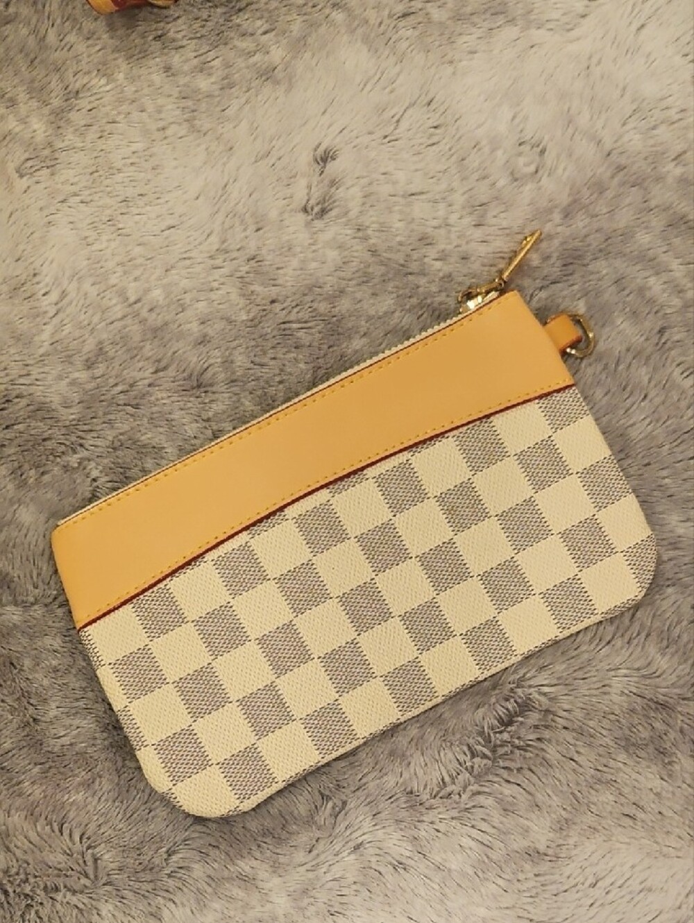 Checked Fashion Bag with Matching Pouch - Cream/Tan - Picture 2 of 5